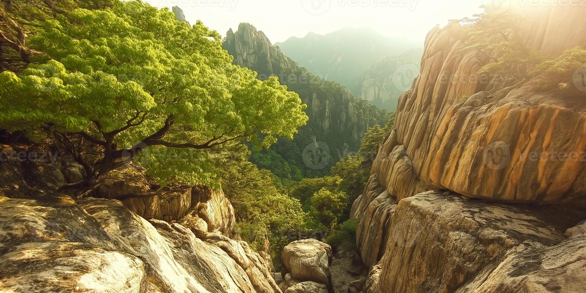 Majestic mountain vista, tree on cliff edge photo