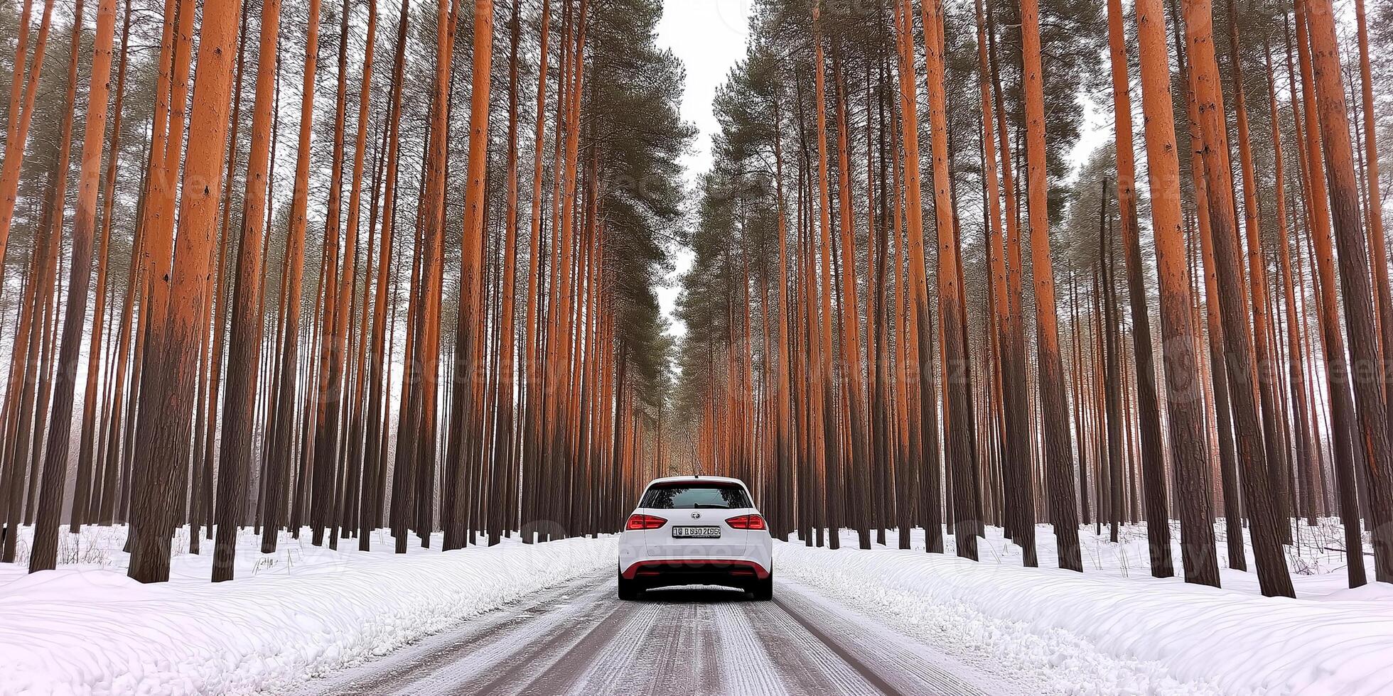 A car is driving through a snowy forest photo