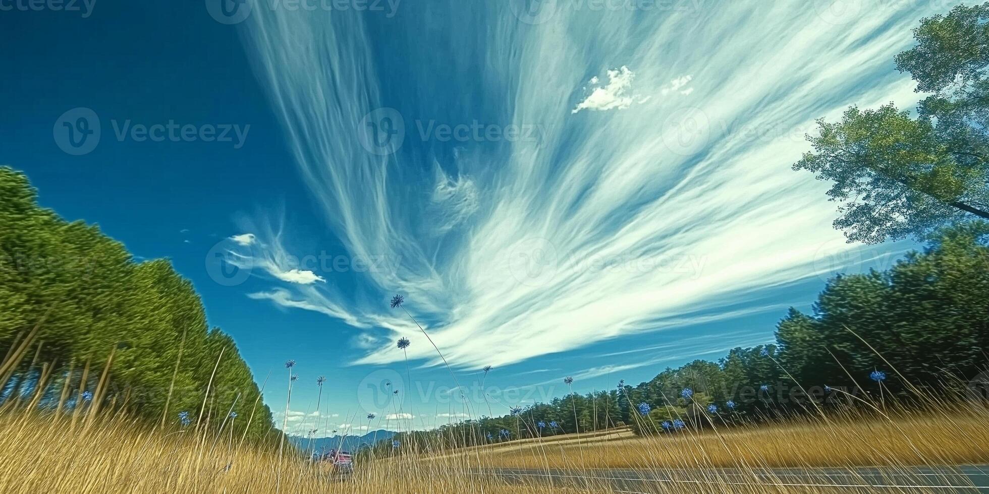 A road with tall grass and trees under a blue sky photo