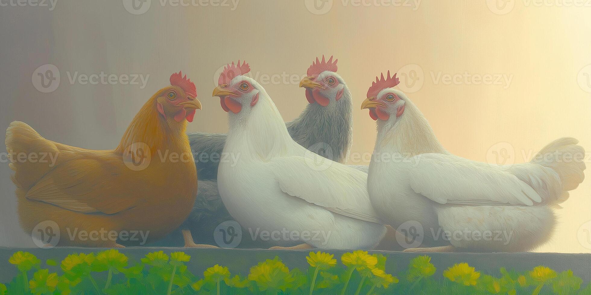 A group of chickens are sitting on a ledge photo