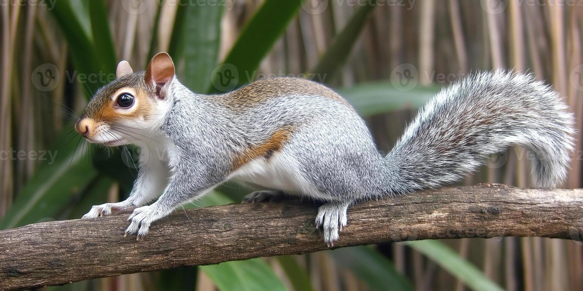 A gray squirrel is sitting on a branch photo