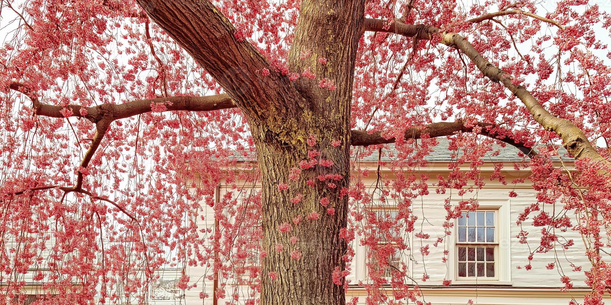 A tree with pink flowers in front of a building photo