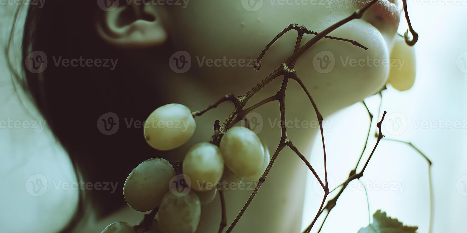 A woman is holding grapes on her face photo