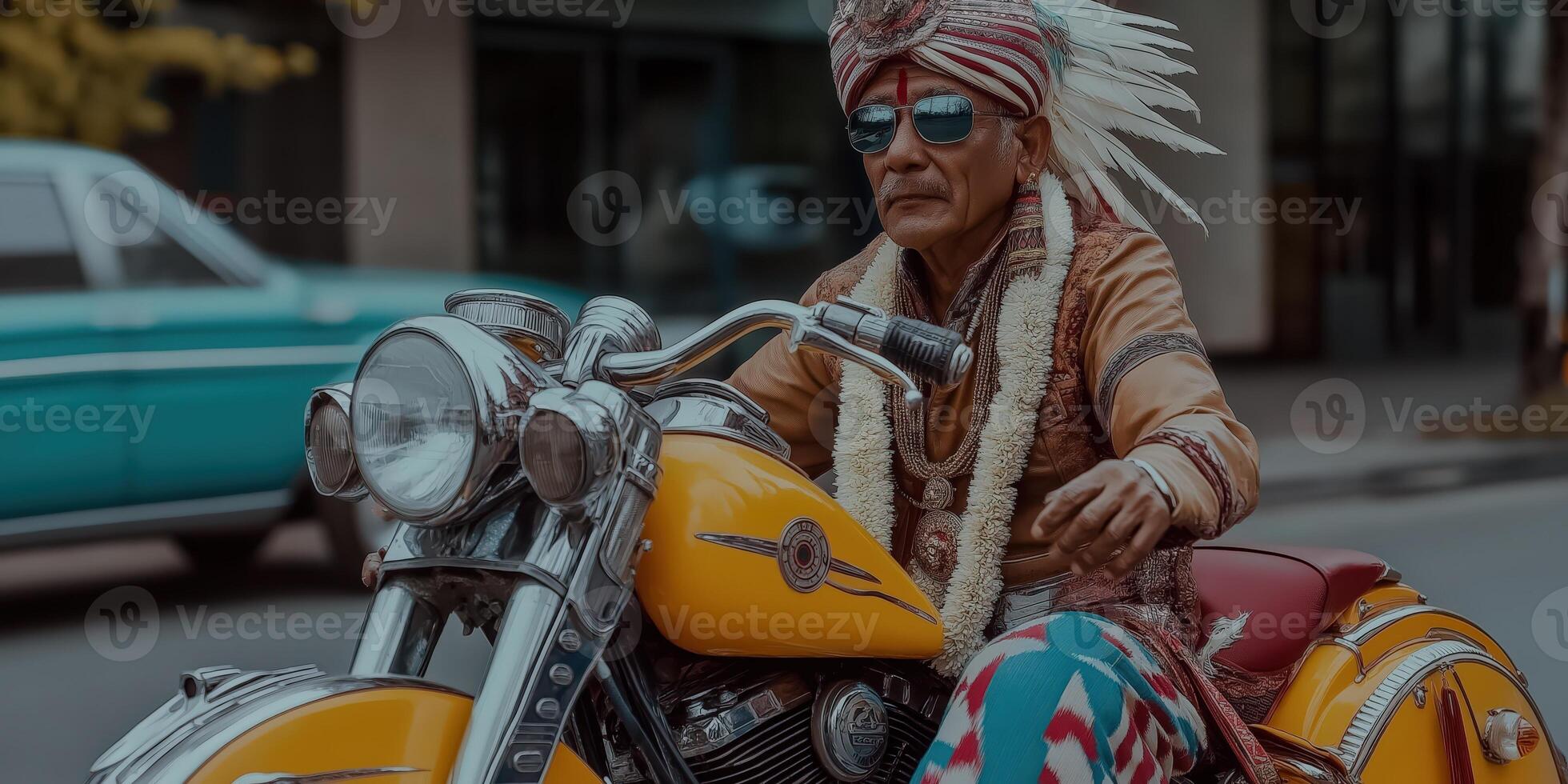 Elderly man on a yellow motorcycle photo