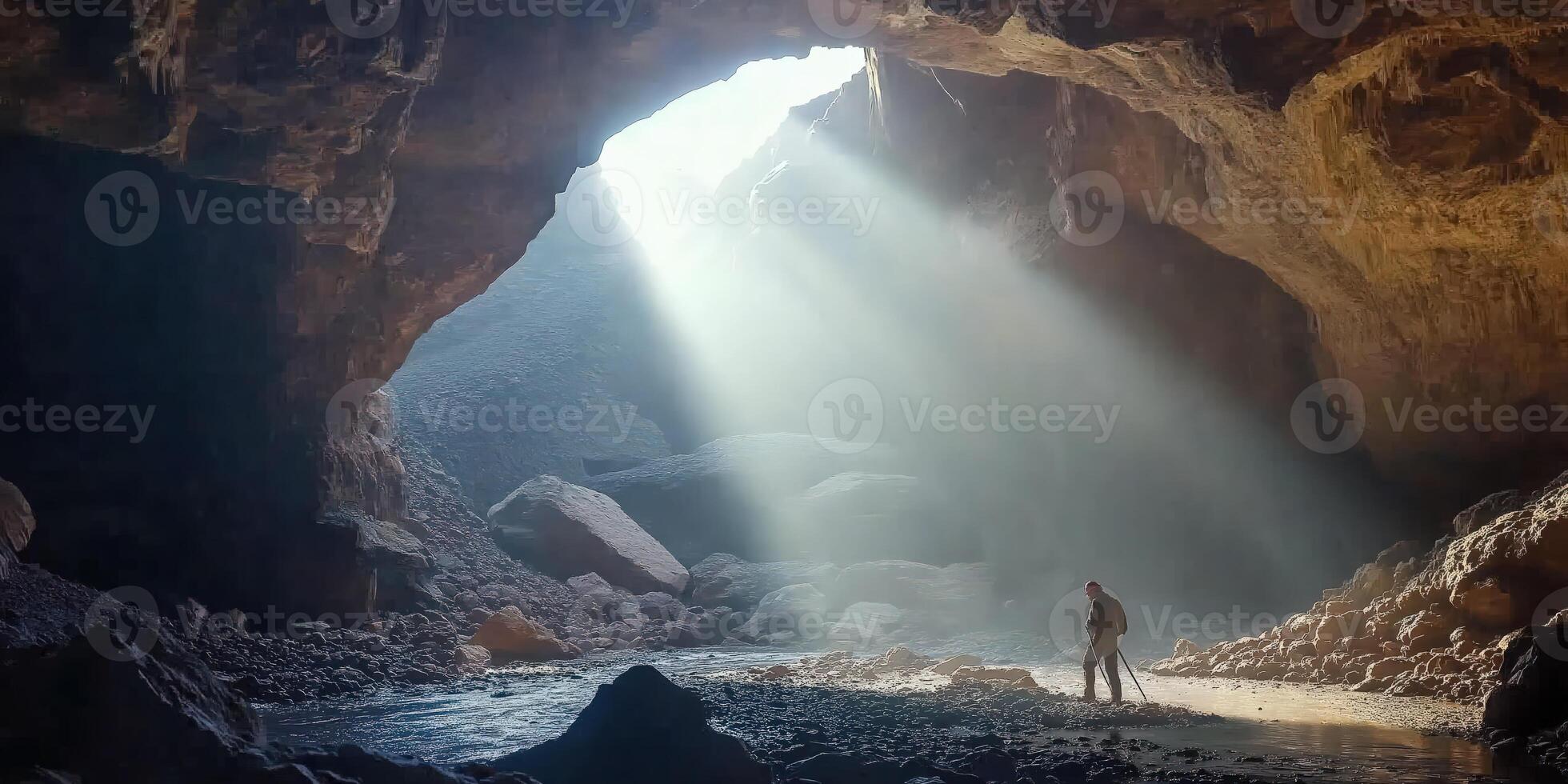 Sunlight streams into a dark cave. photo