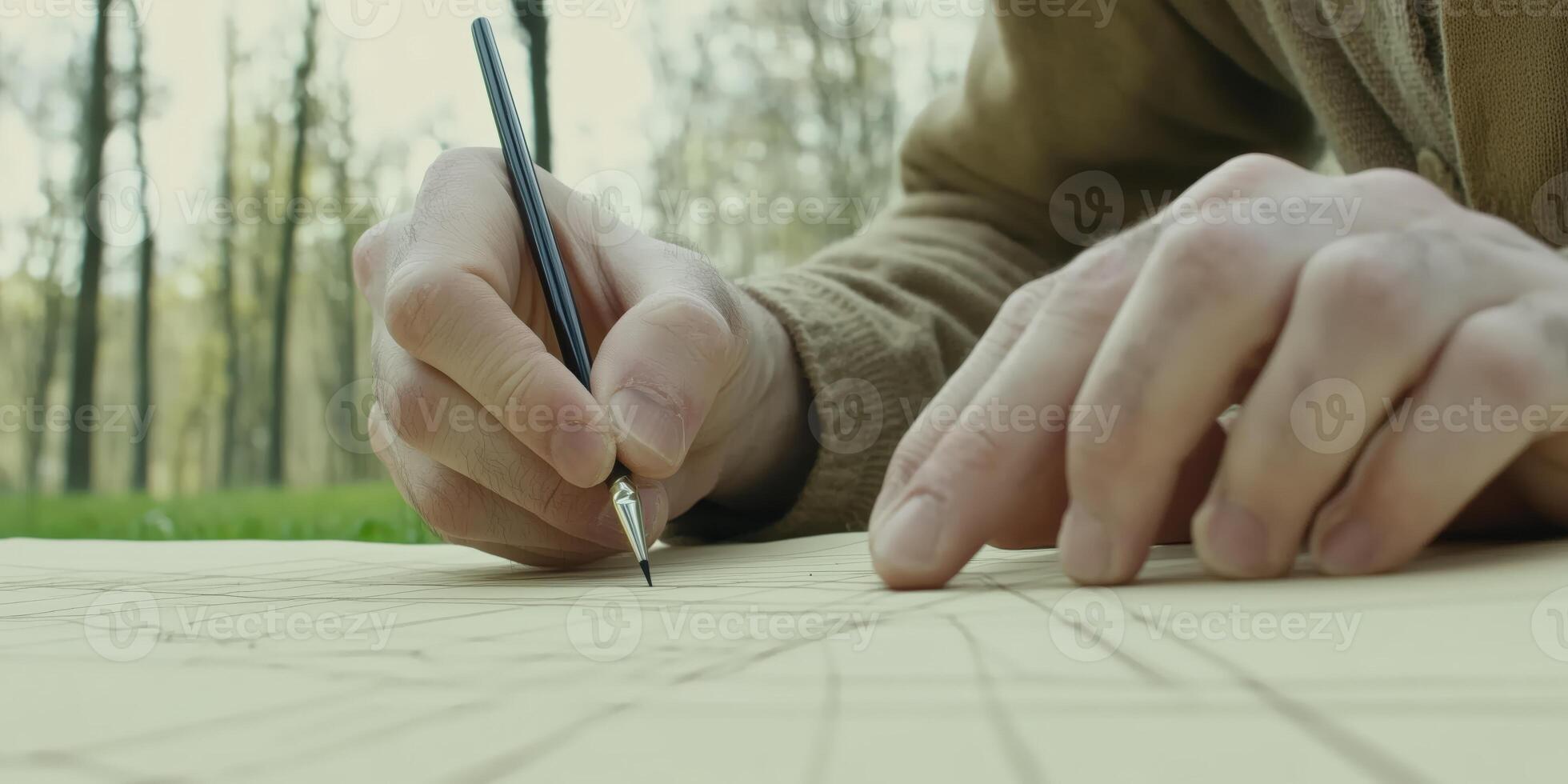A person is drawing on a piece of paper with a pencil photo