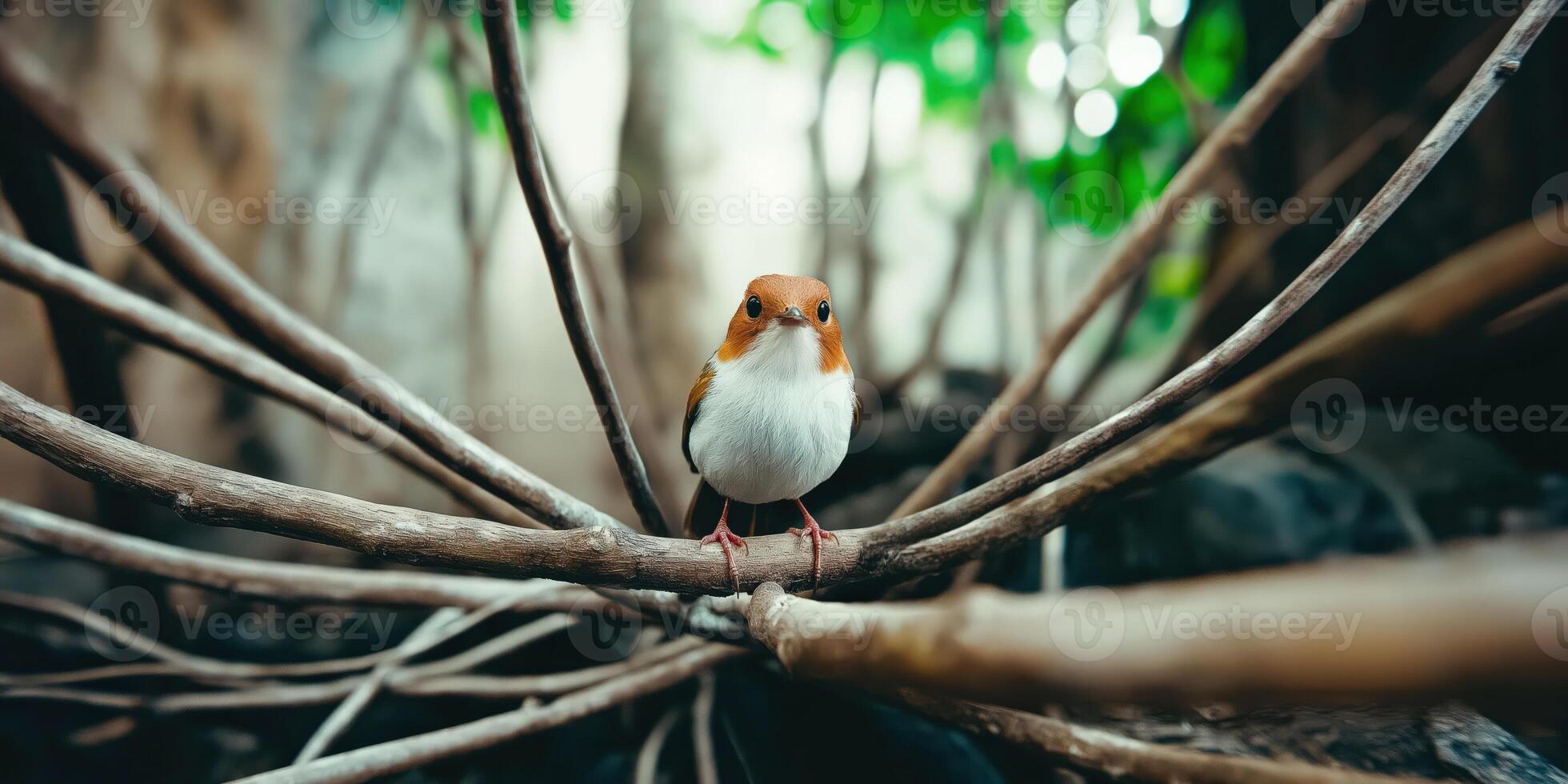 Small bird perched on branches in forest photo