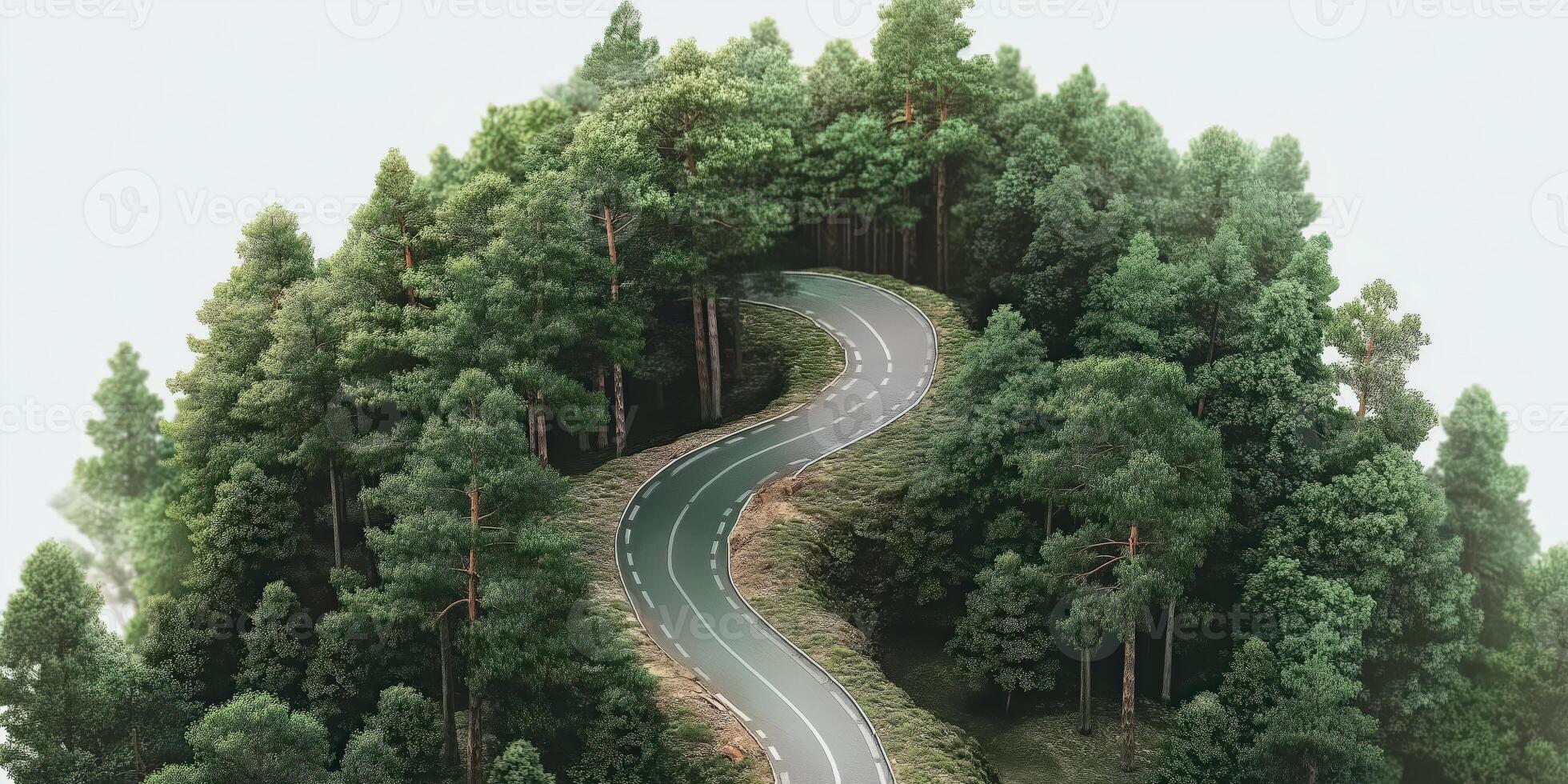 Winding road through a lush green forest photo