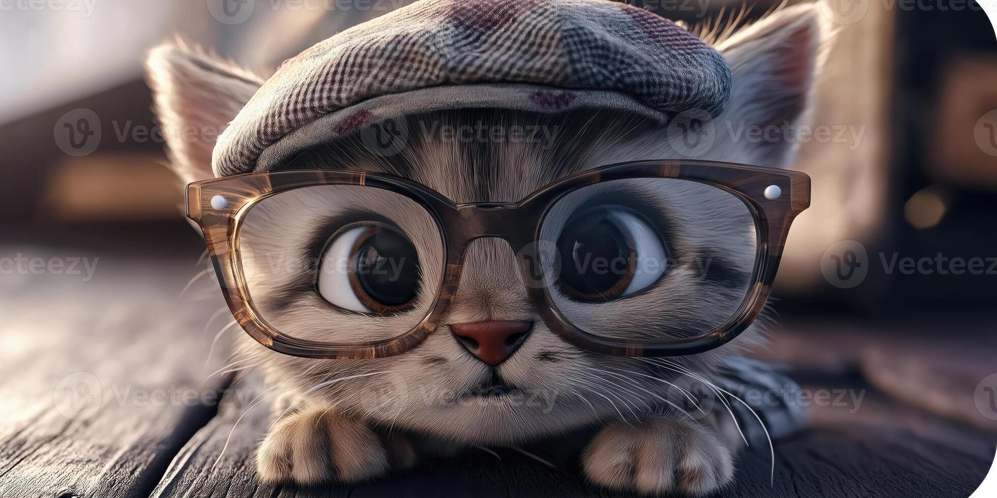 Adorable kitten wearing glasses and cap photo