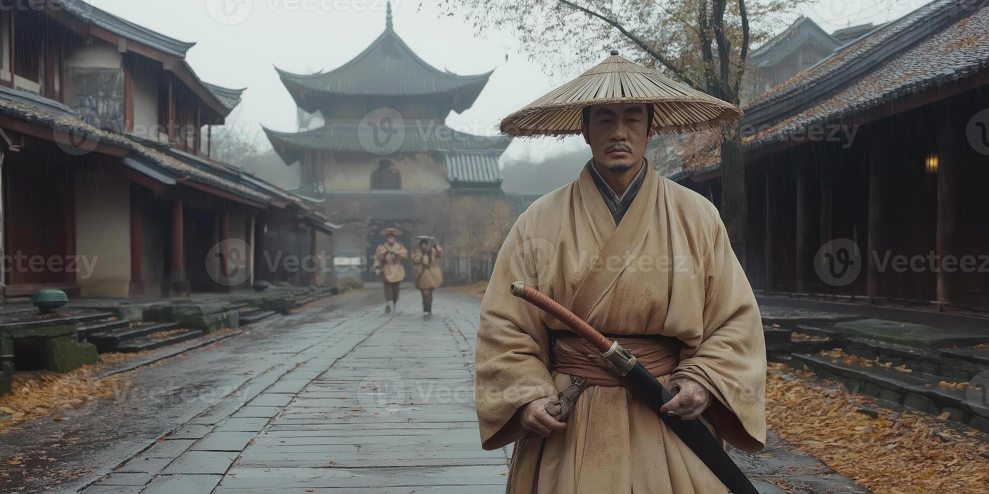 Man in traditional robe walks ancient street photo