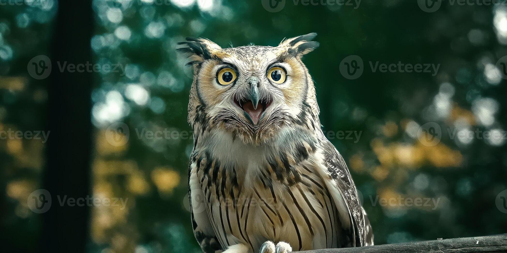 A surprised owl in a forest setting photo