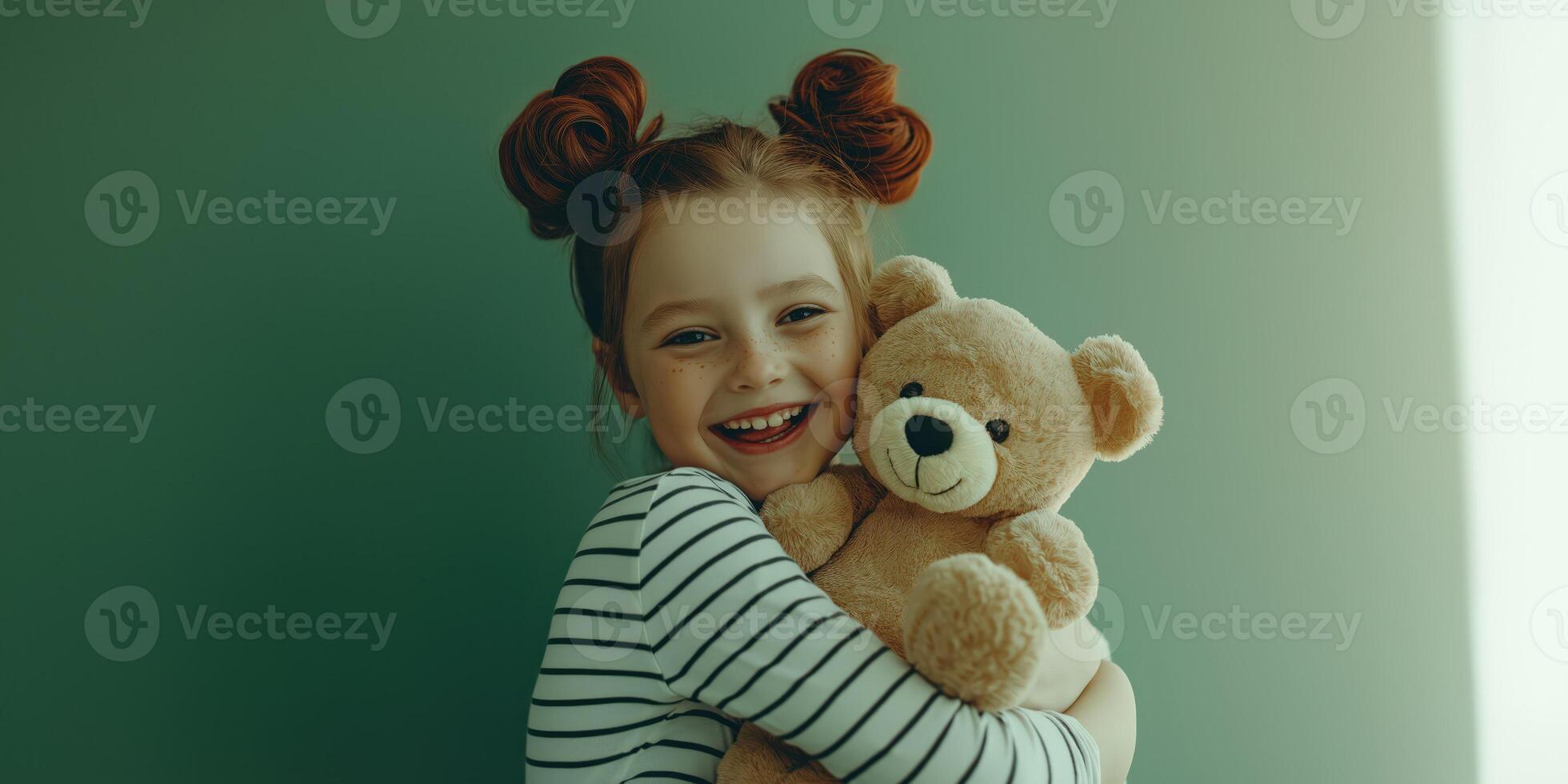 Girl hugging teddy bear, happy smile photo