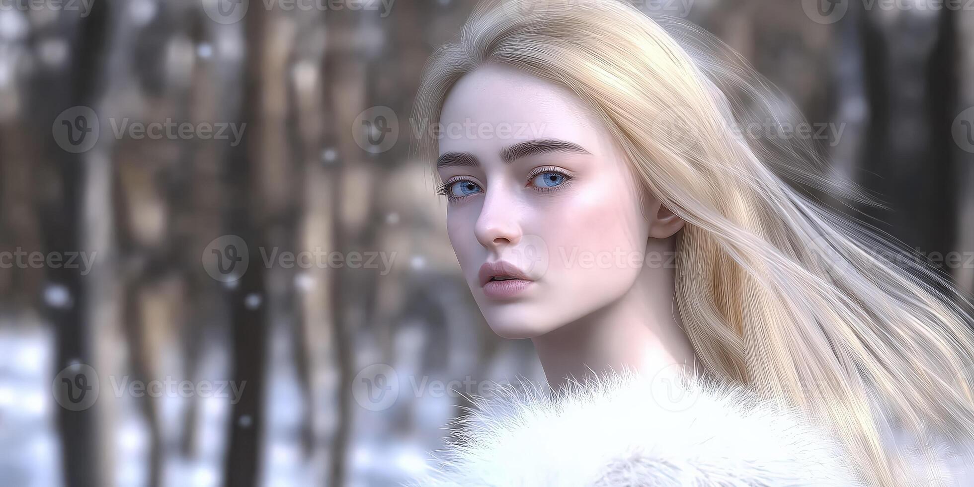 Fairytale blonde woman in winter woods photo