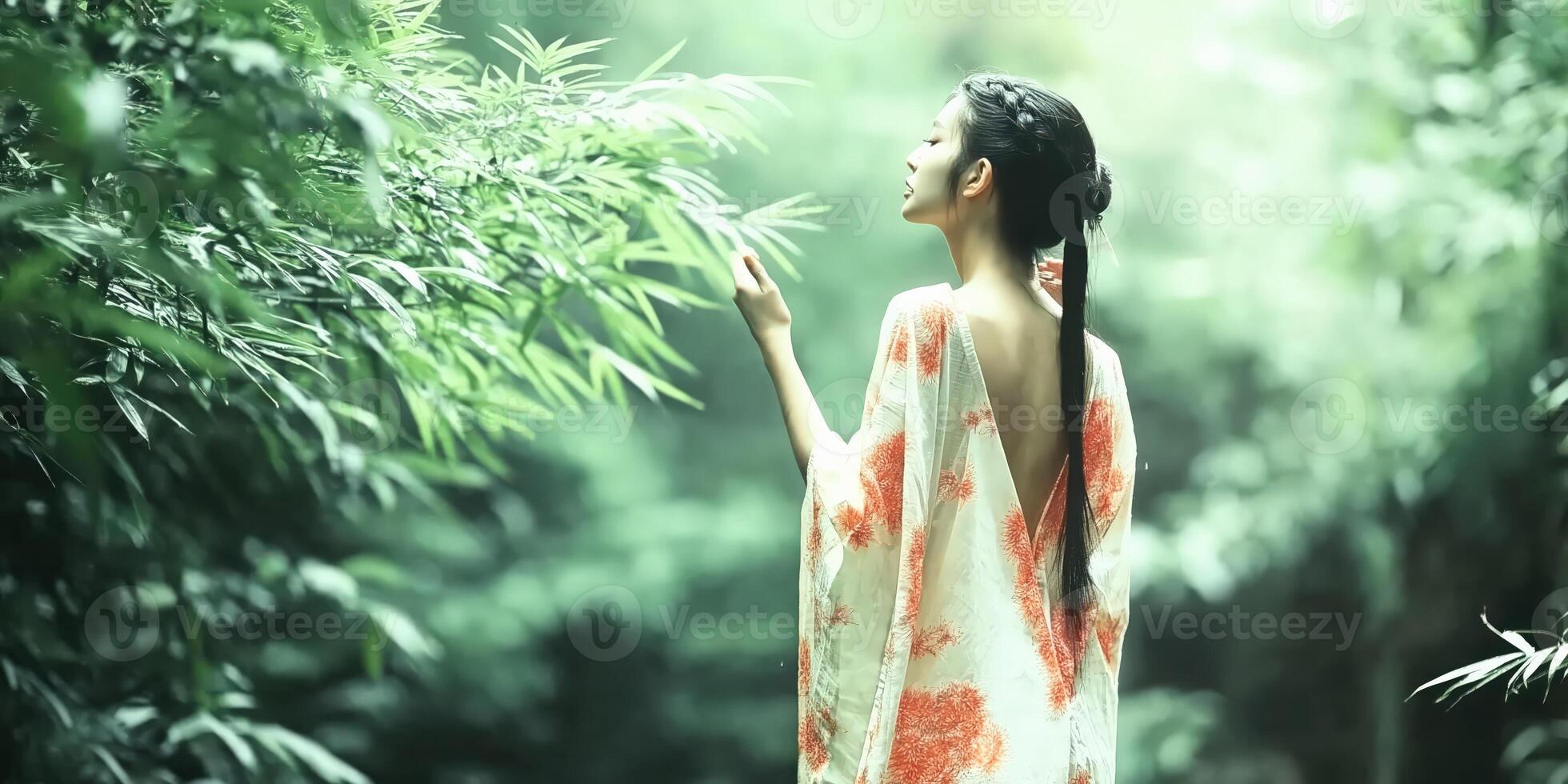 Woman in flowing robe amidst lush greenery photo