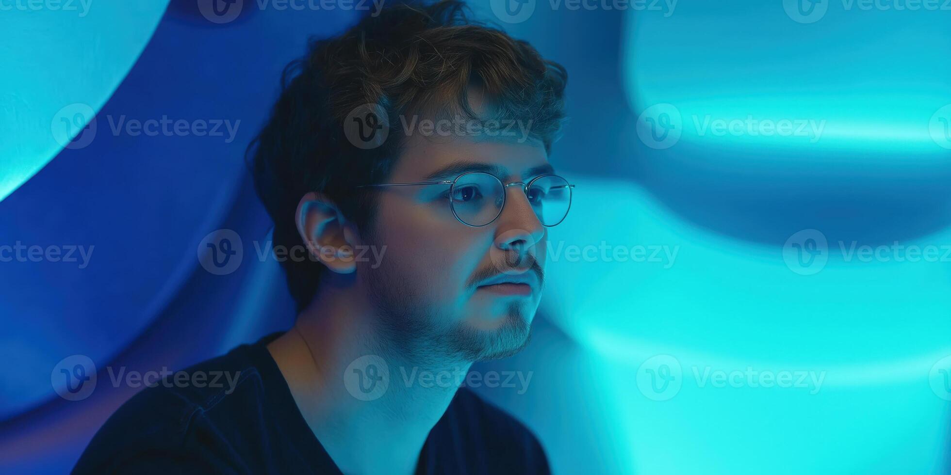 A man with glasses and a black shirt is looking at something photo