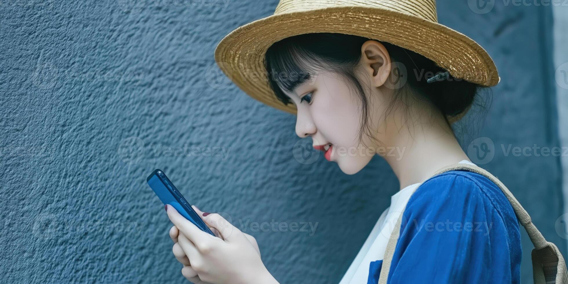 A young woman in a hat is looking at her phone photo