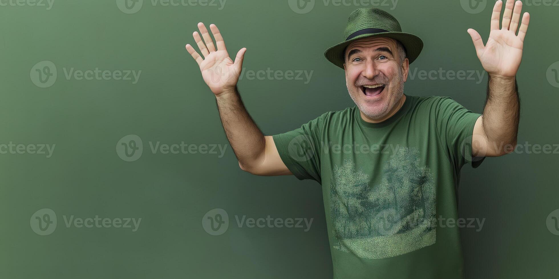 A man in a green shirt and hat is making a face photo