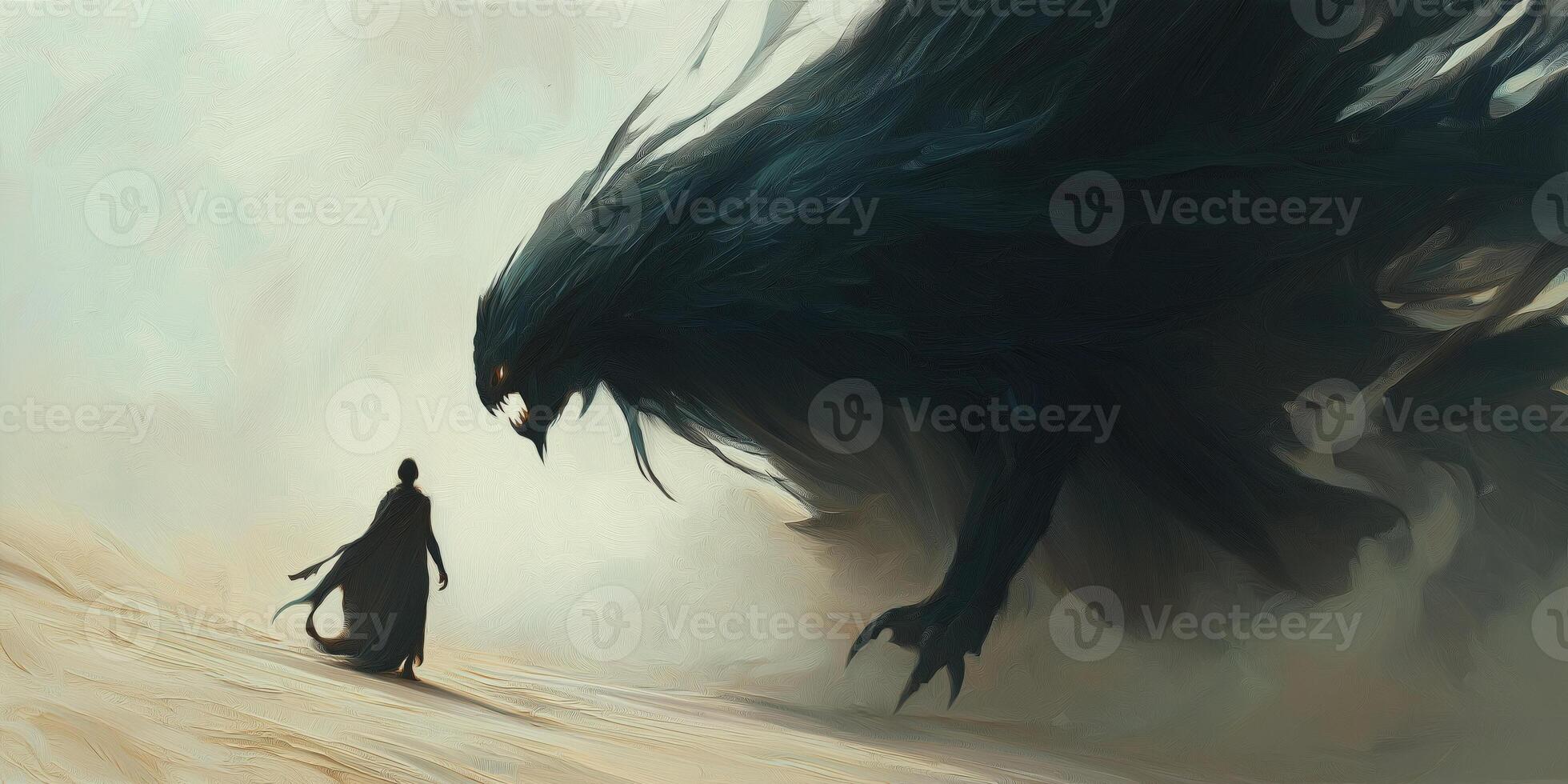 A man standing in front of a giant black bird photo