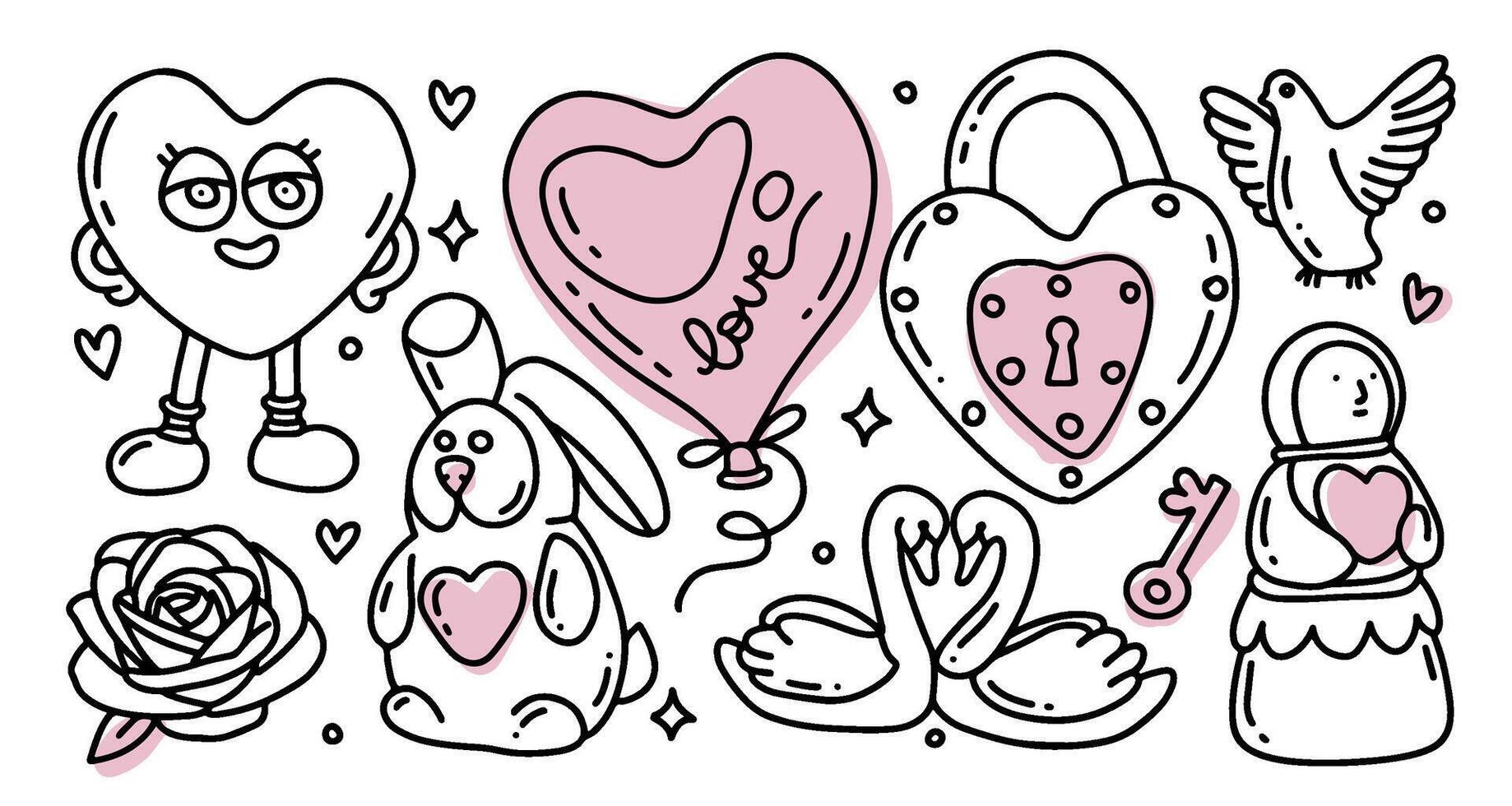 Valentine Day Hand Drawn Doodle elements Set. Love Holiday Cute Clipart for Valentines Day. Line Art Design Different Hearts, Presents, swans, dove, rose, bunny. Outline hand drawn illustration vector