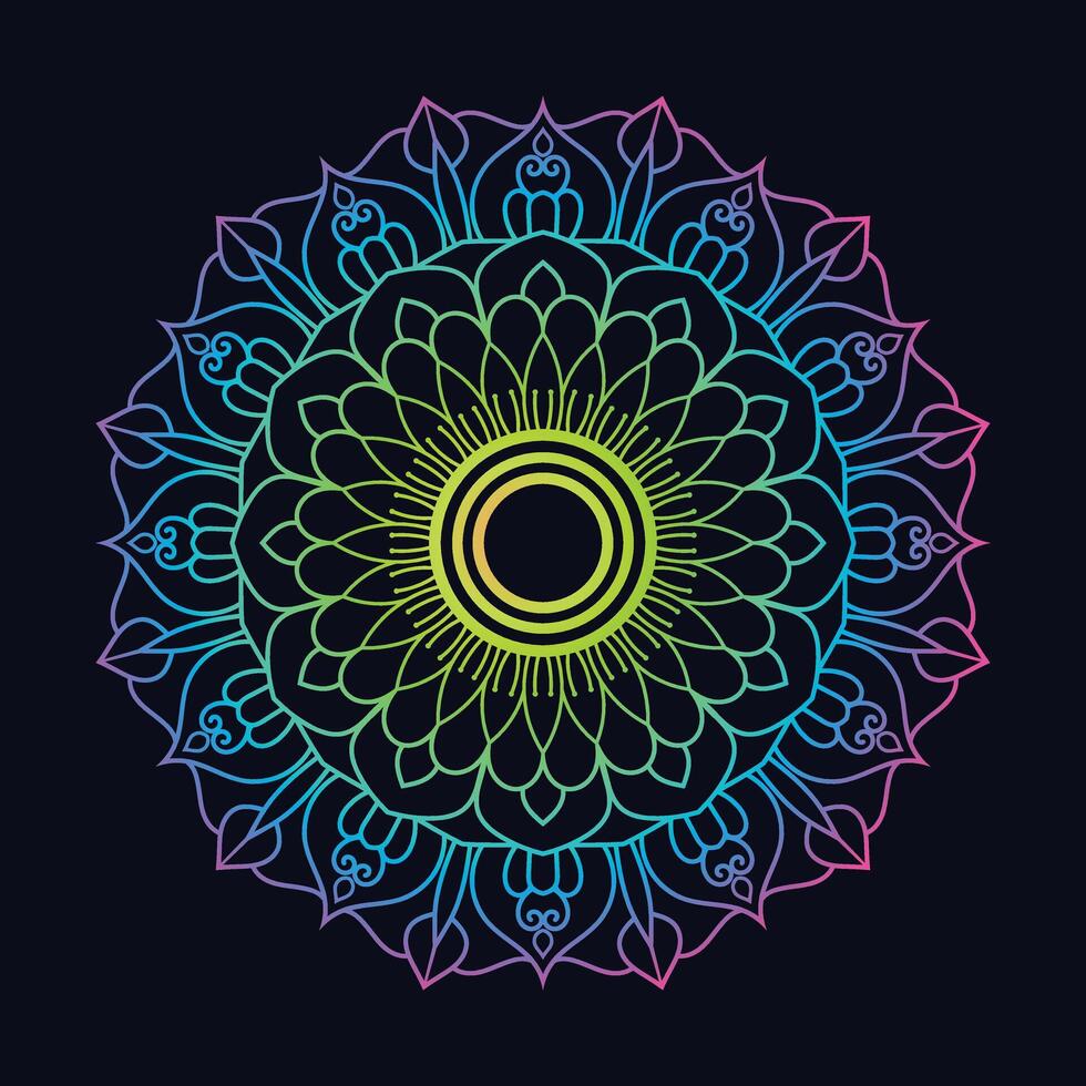 Neon Glowing Mandala with Floral Geometric Patterns on Dark Background vector