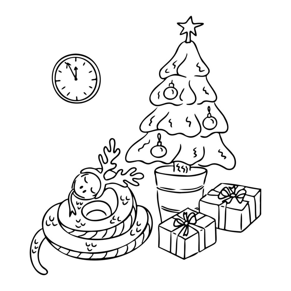 Festive snake with reindeer antlers laying near decorated Christmas tree with gifts and clock showing midnight vector