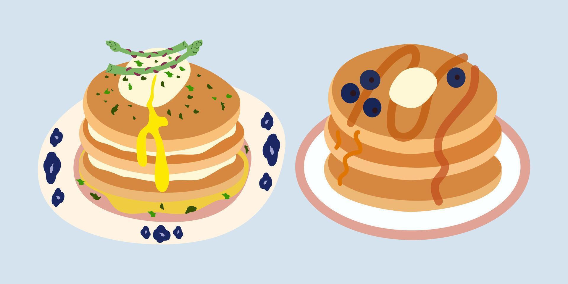Cute breakfast food. sweet pancakes with maple syrup and blueberries and savory pancakes with poached egg and asparagus vector