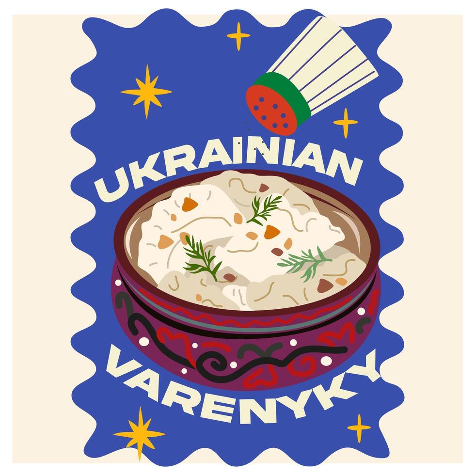 Bright poster in retro style. Traditional Ukrainian cuisine. Ukrainian varenyky with fried onions. Vintage decor for wallpaper, walls and postcards vector