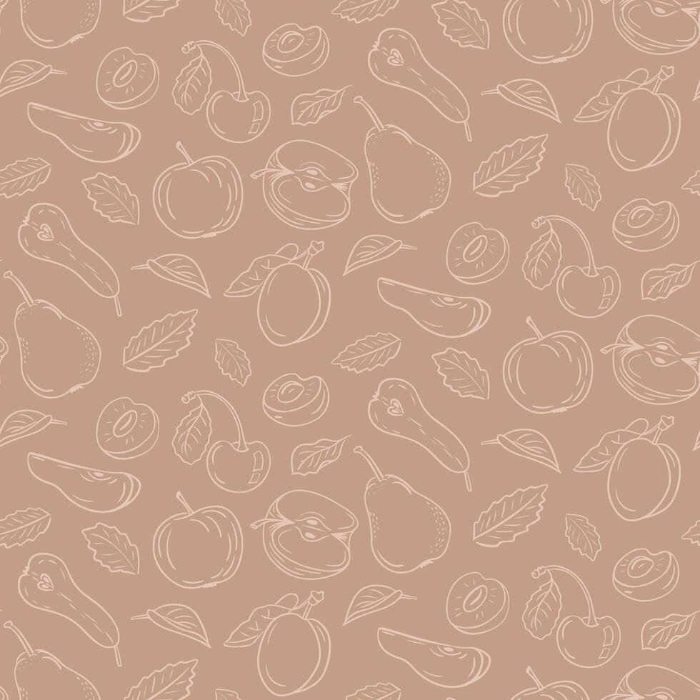 Seamless fruit pattern with apples, pears, cherries, and leaves on trendy mocha mousse background. vector