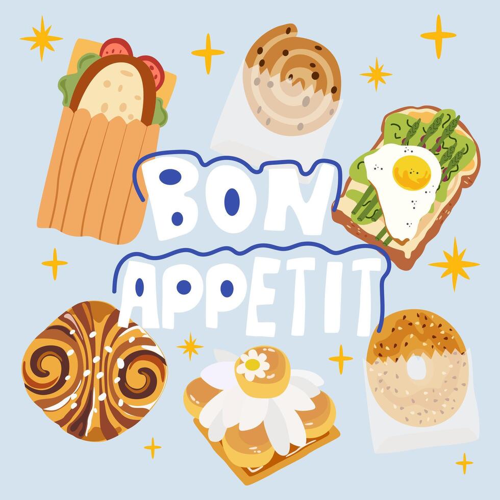 Bon appetite. French pastries for bakery menu design. Bakery food set. Retro cute stickers for bakery and coffee shops. French croissant, bagel, sandwich, toast with poached egg, millefeuille vector