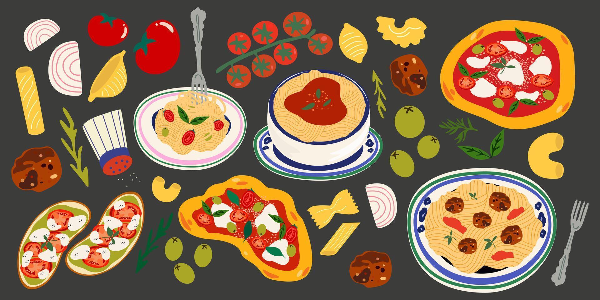 retro stickers of traditional products, pizza, pasta, caprese, olive oil, tomatoes, mozzarella, parmesan cheese vector