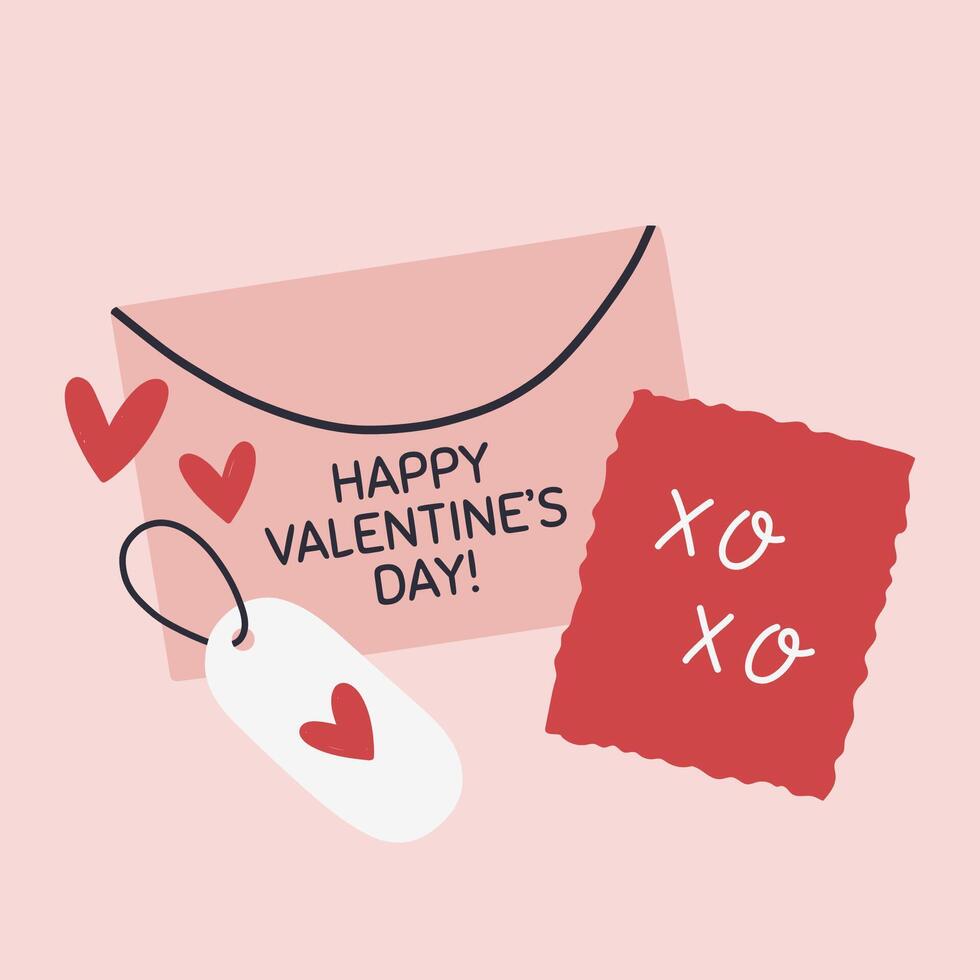 Simple Valentines Day card with envelope. Flat heart hand drawn doodle. Simple, minimalistic, holiday card. vector