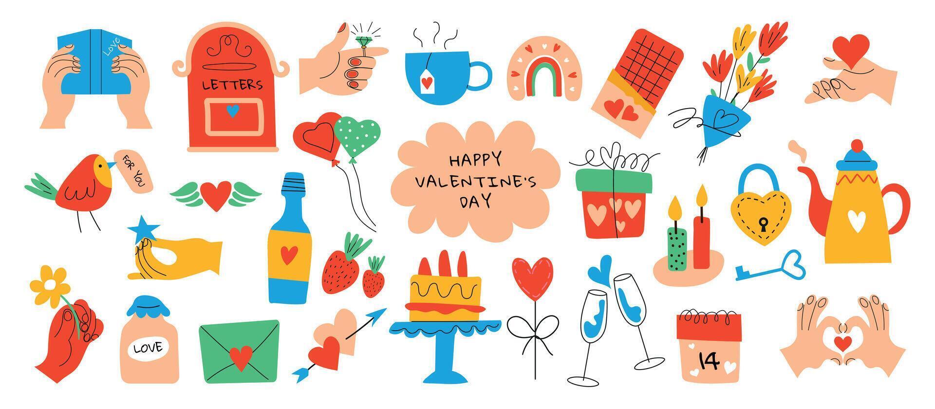 Valentine's Day elements set. Different romantic objects on a white background.Valentine's day, wedding and love concept. vector