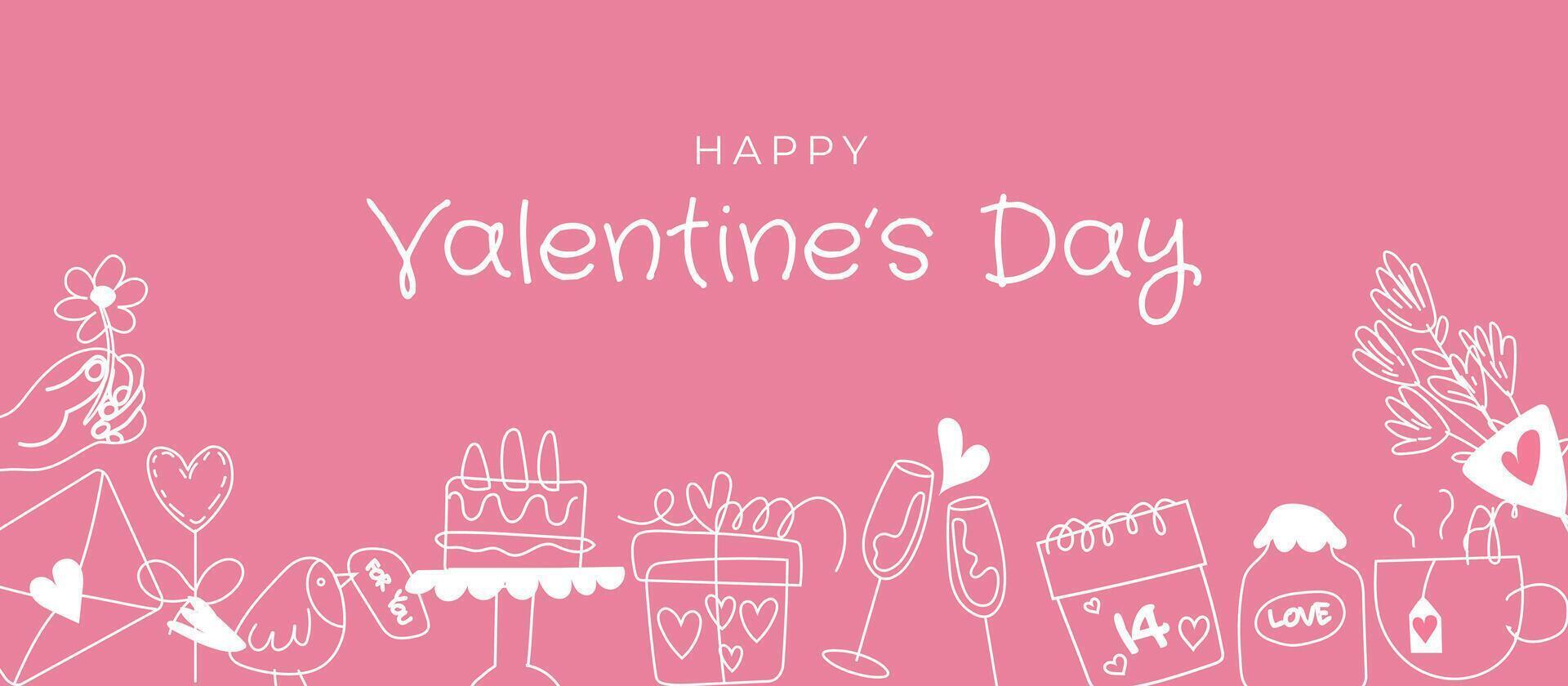 Horizontal banner with pink background and elements for Valentine's Day. Place your text. Valentine's Day sale header or coupon template, postcard. vector
