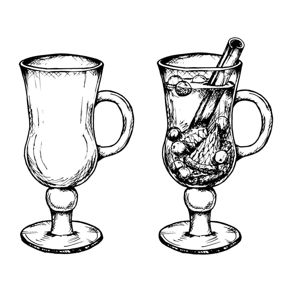 hand drawn ink clipart of empty mug and hot winter drink in glass cup. punch, mulled wine, tea with citrus, cinnamon sticks, berries. Perfect for wrapping Christmas goods, New Year gifts, menu vector
