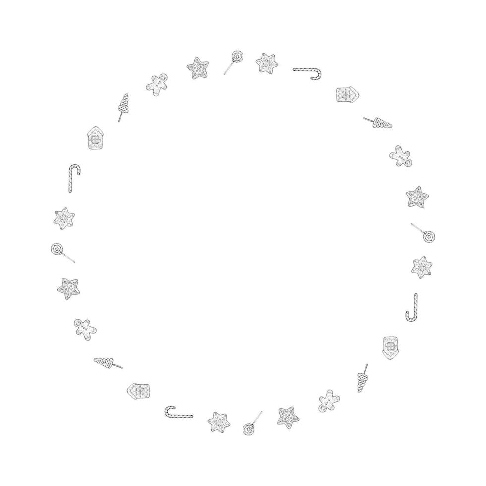 illustration of a festive round frame made up of sweet elements including stars, lollipops, gingerbread men, candy canes and Christmas trees. Perfect for holiday decorations, invitations, cards vector