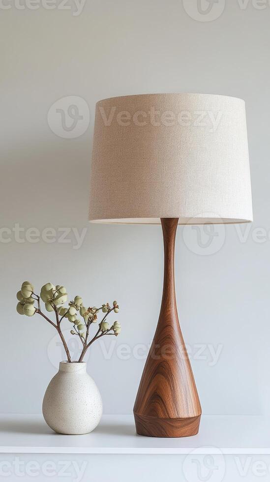 Modern wooden table lamp illuminating contemporary interior design with decorative vase and dried flowers photo