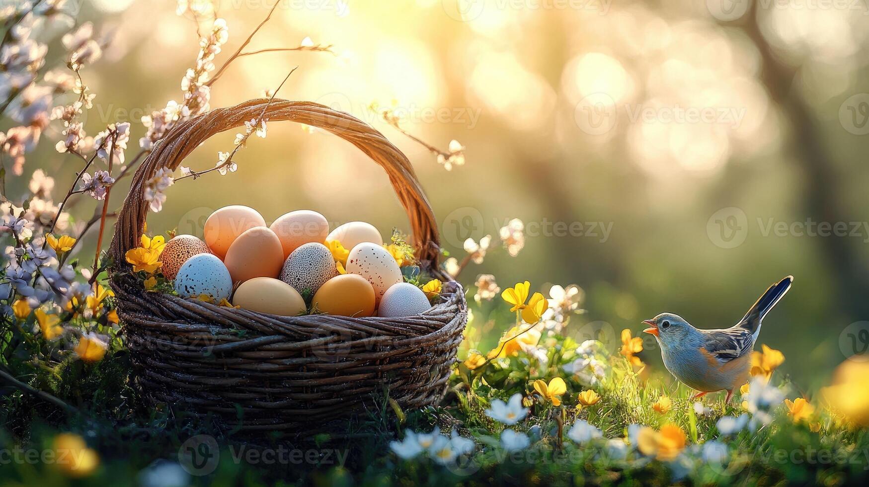Easter eggs in basket with singing bird in spring meadow at sunset photo