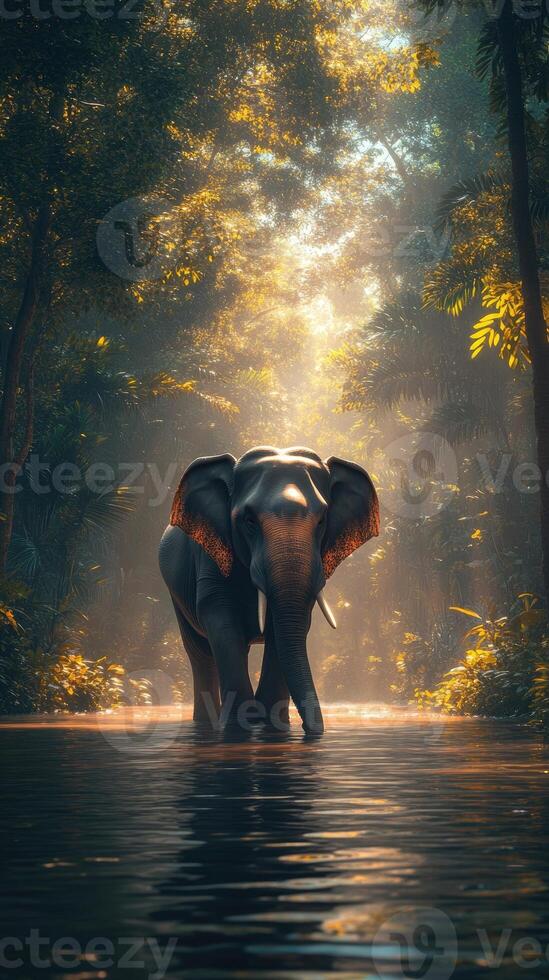 Majestic elephant cooling down in a river at sunset in the jungle photo
