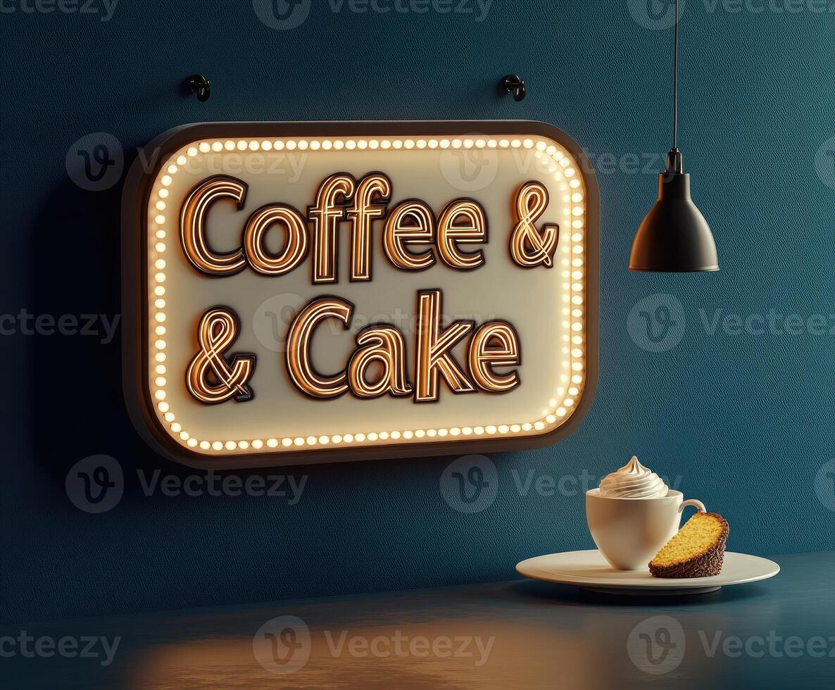 Illuminated coffee and cake sign hanging on a textured teal wall photo