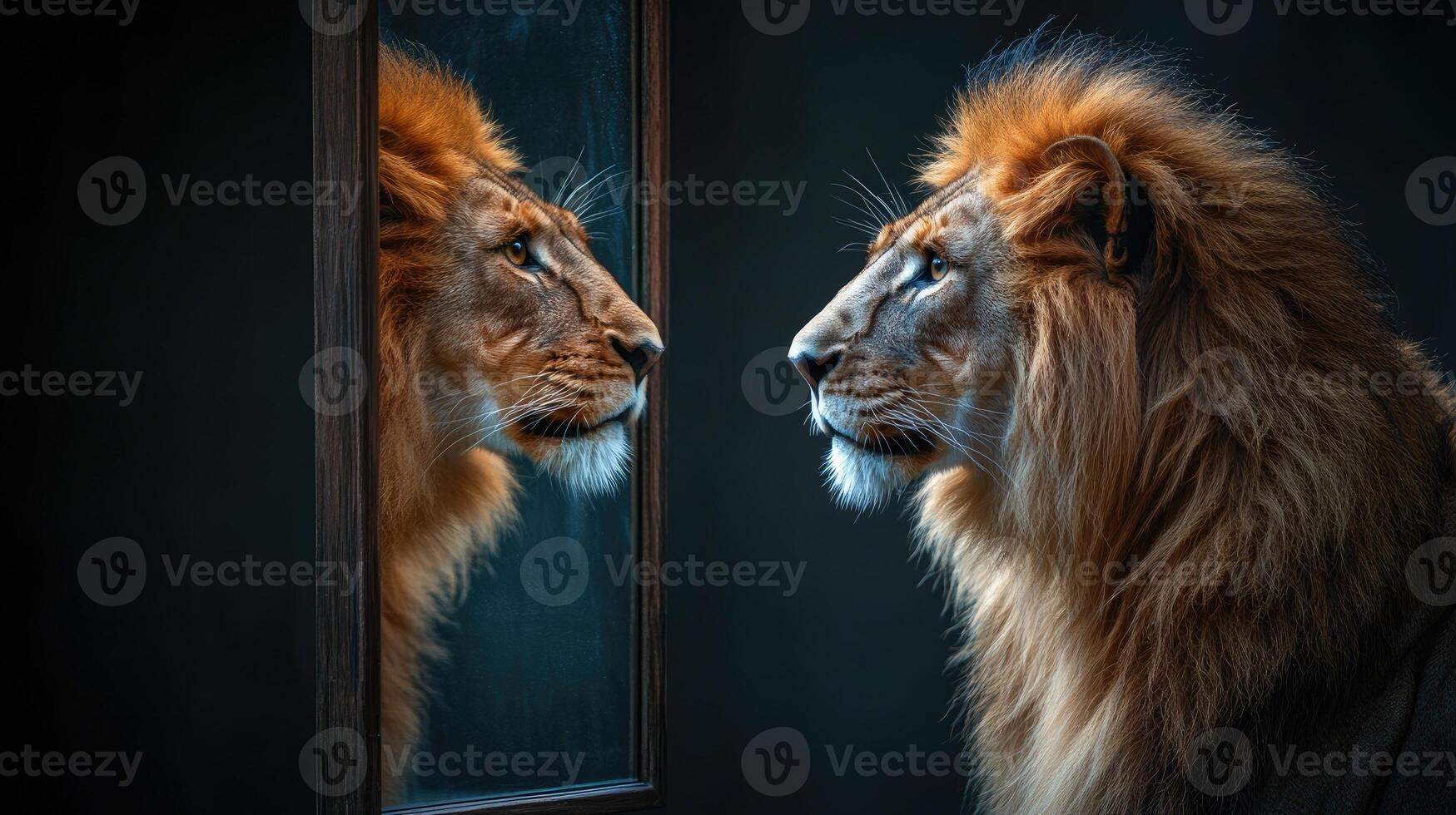 Majestic lion observing its reflection in mirror, introspection and self-awareness photo