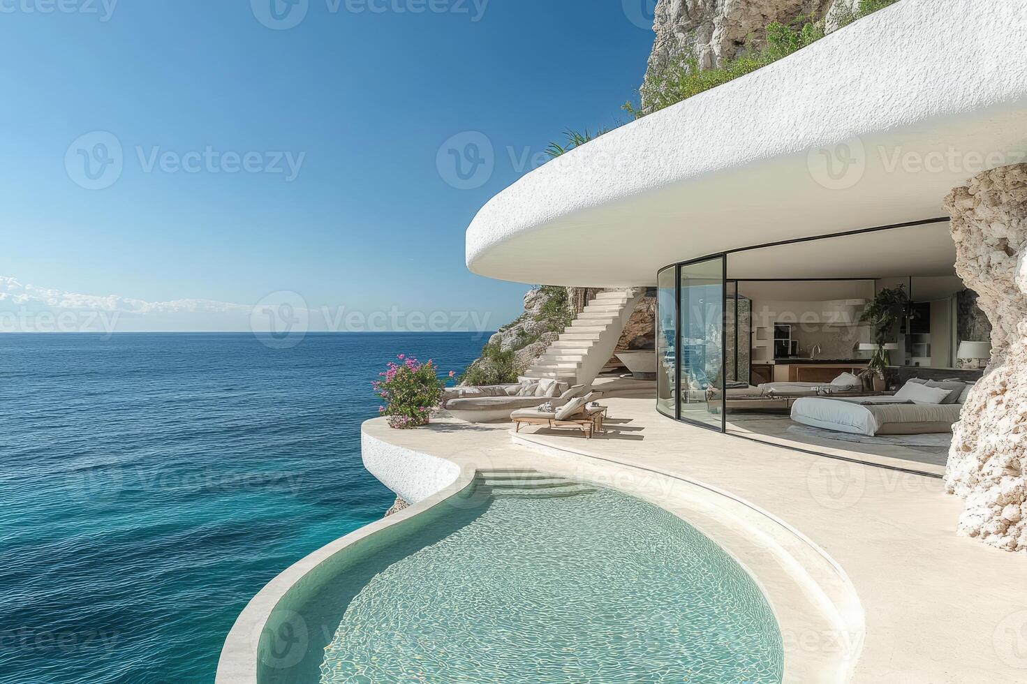 Luxury cliffside villa overlooking tranquil ocean with infinity pool in uluwatu, bali photo