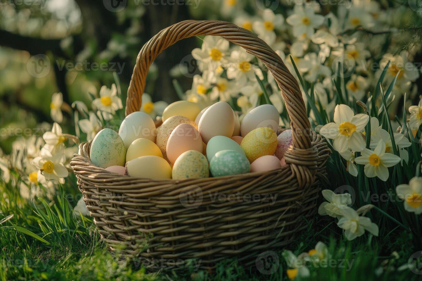 Easter eggs and daffodils celebrating the arrival of spring in a wicker basket photo
