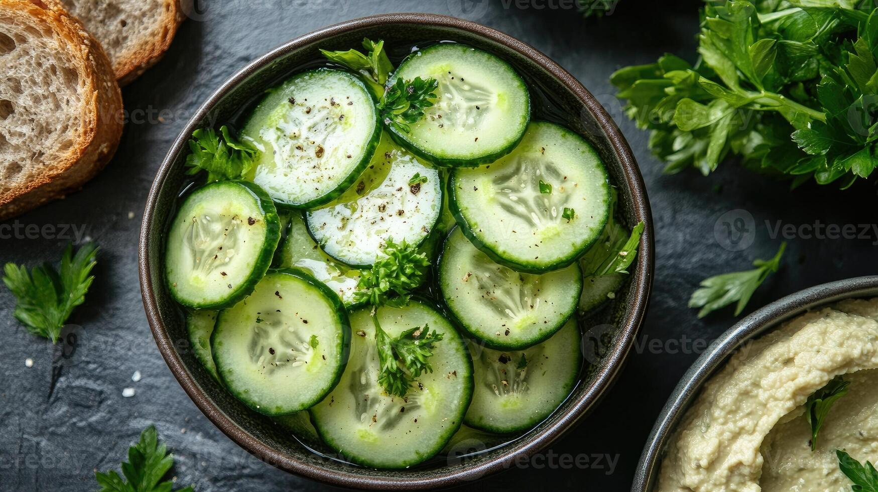Sliced cucumber salad with parsley and black pepper seasoning in bowl photo