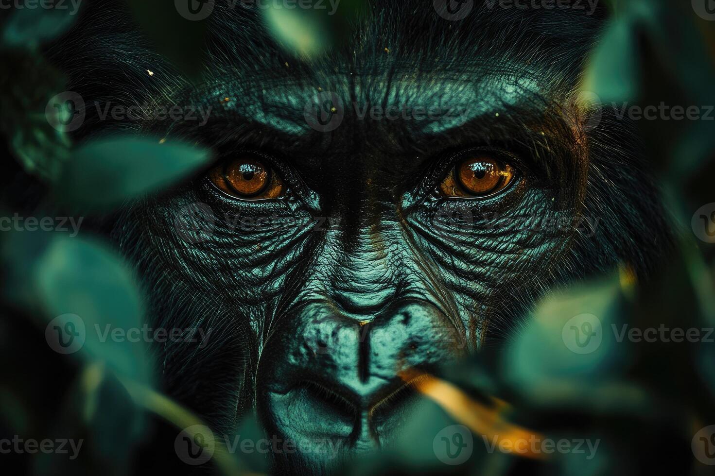Mountain gorilla hiding in the lush foliage of the jungle photo