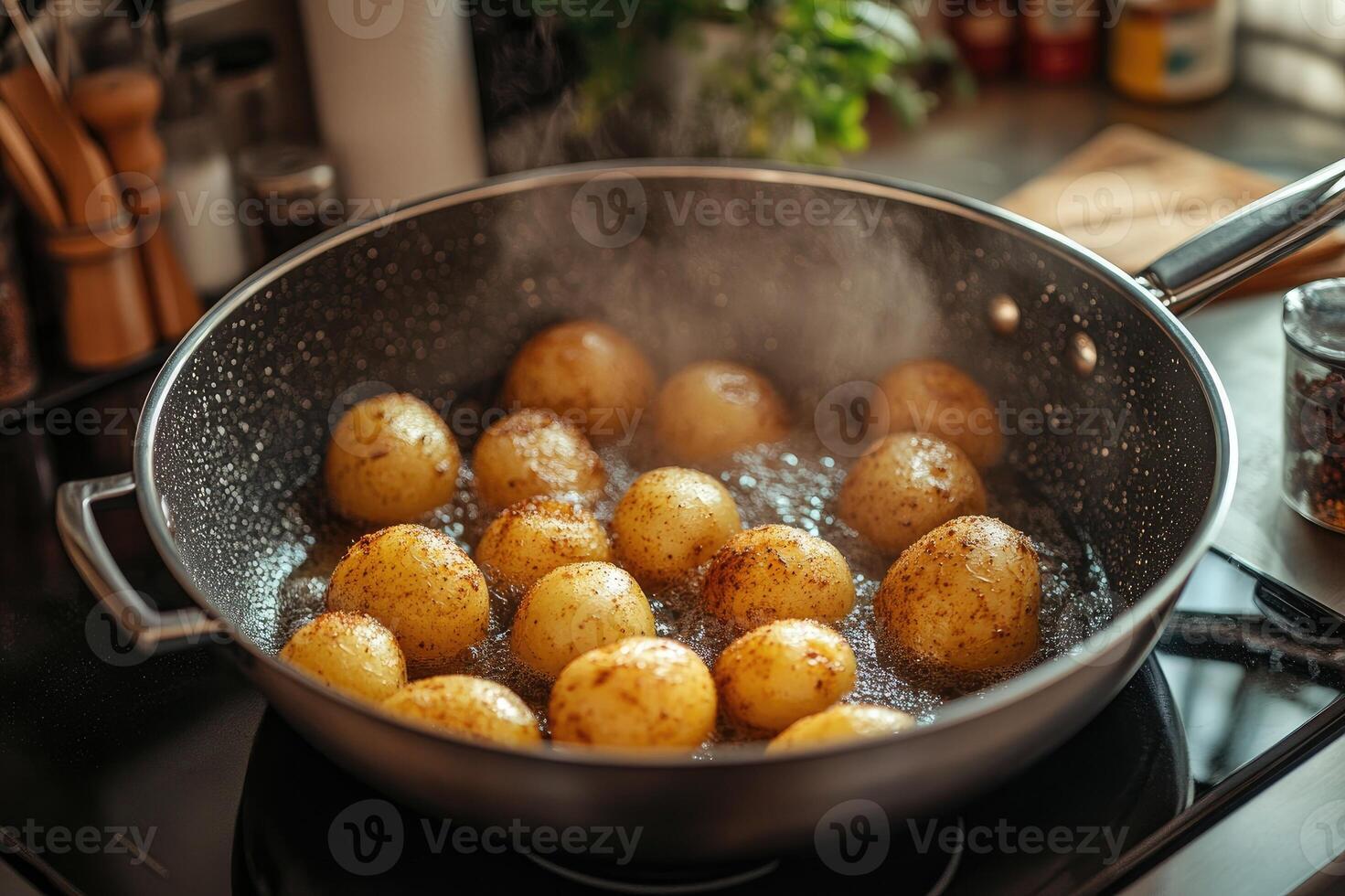 Small potatoes frying in a pan with seasoning on a modern stove photo