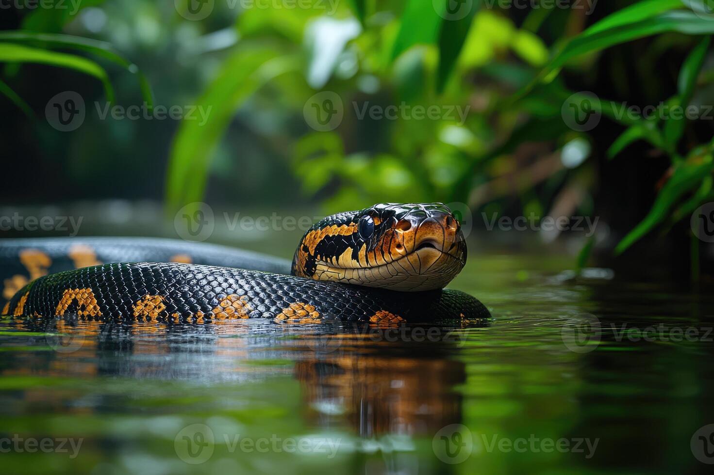 Anaconda snake swimming in the amazon river with rainforest background photo