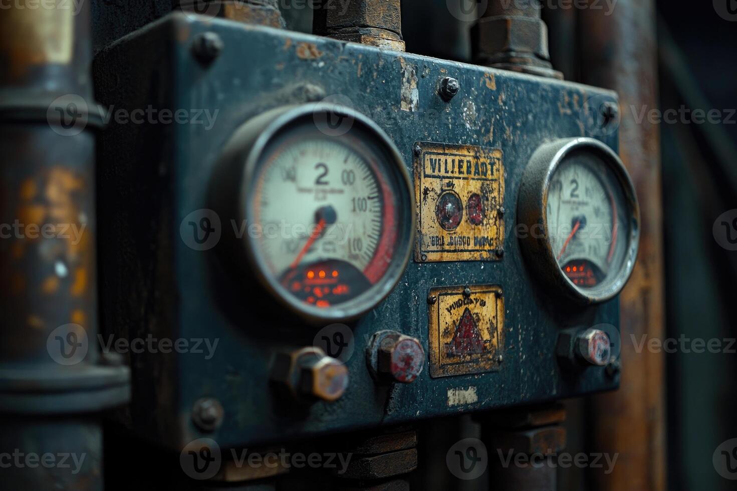 Old analog gauges and valves measuring pressure and temperature in industrial setting photo