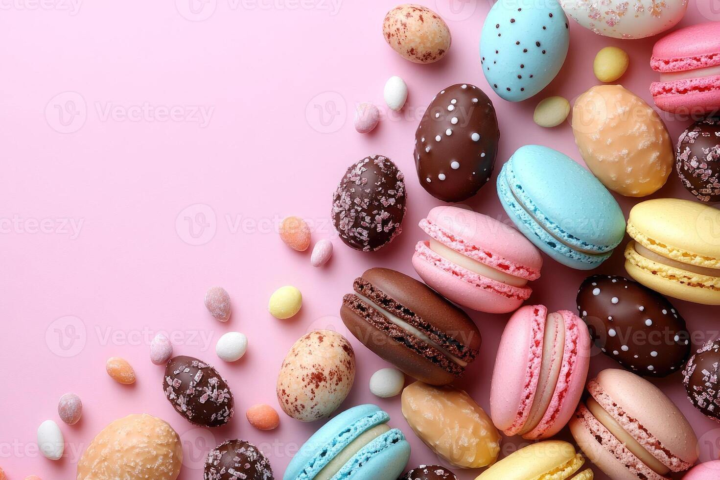 Colorful easter eggs and macarons creating festive border on pink background photo