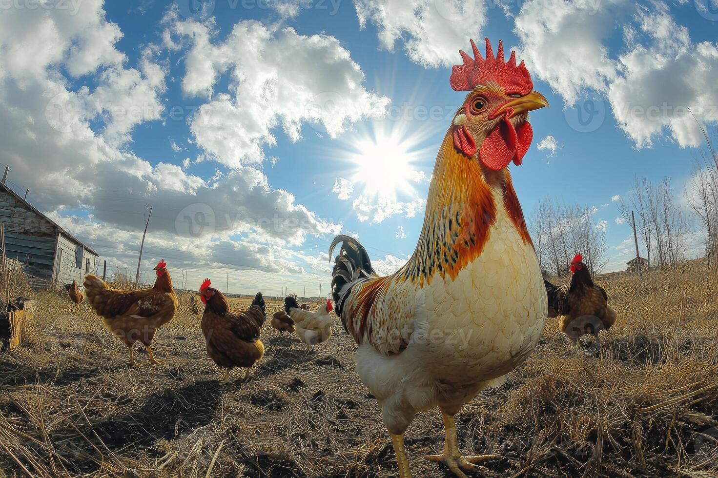 Rooster and chickens enjoying sunny day on farm photo