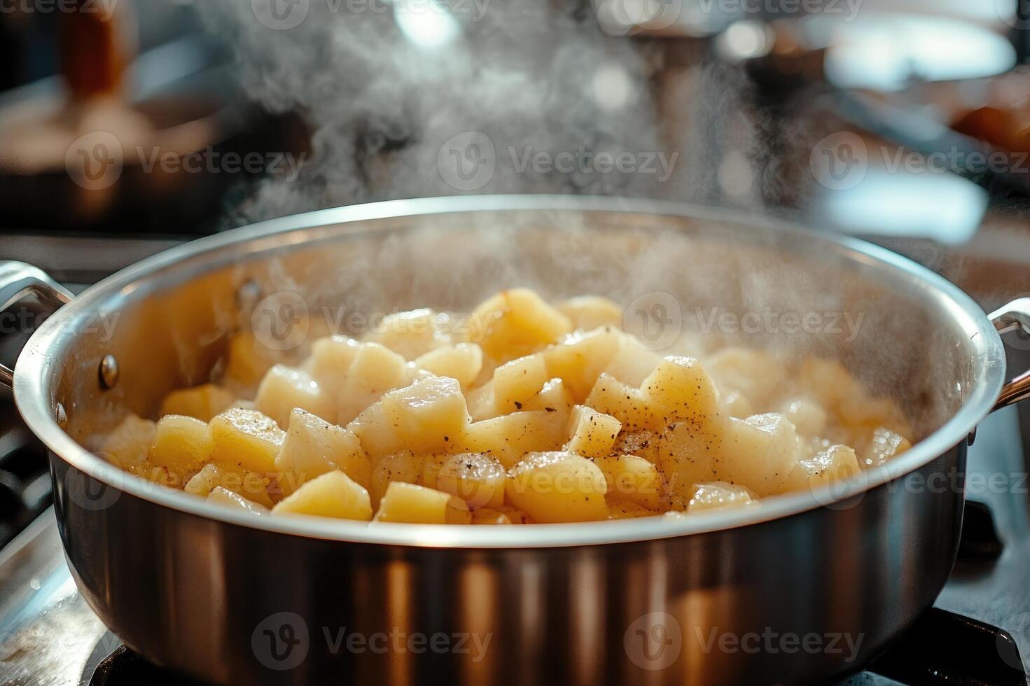 Steaming potatoes cooking in a stainless steel pan on a stove photo